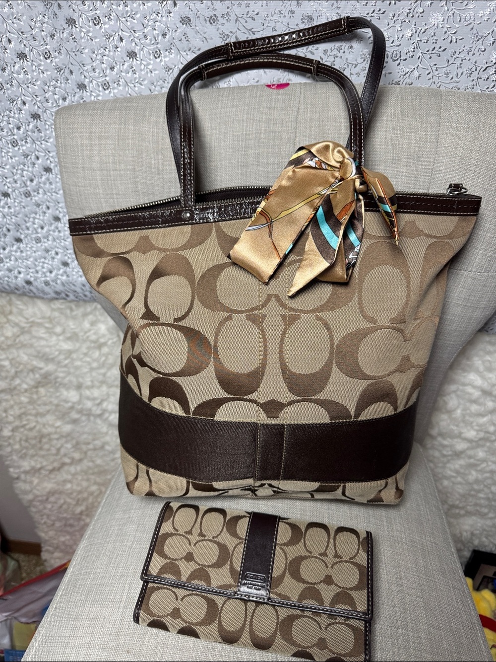 Coach Tan and Dark Brown Signature Canvas Tote with Silk Scarf Accent set